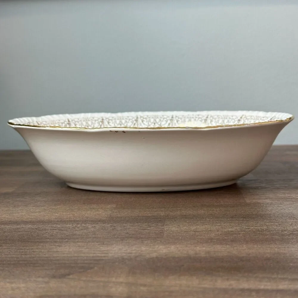 Vtg 1950s Homer Laughlin China Serving Dish Rose Gold Filigree Retro Cottage USA